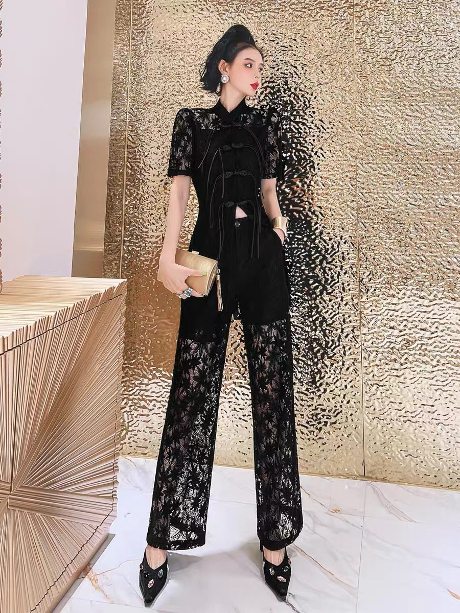 (Pre-Order) Retro Chinese lace cheongsam two-piece women's 2022 summer new straight-leg pants temperament fashion slim suit