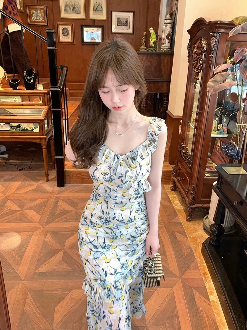 Kumikumi design feeling ruffles floral sling dress women's summer waist A-line skirt mid-length skirt