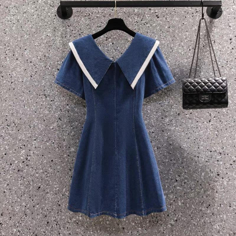 Plus size women's 2022 summer new fat sister design bow navy collar denim A-line skirt 4321
