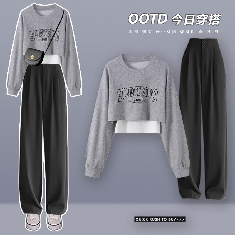 Loose short sweater 2023 new autumn suit trousers small salty style wear a three-piece set of high-end autumn clothes