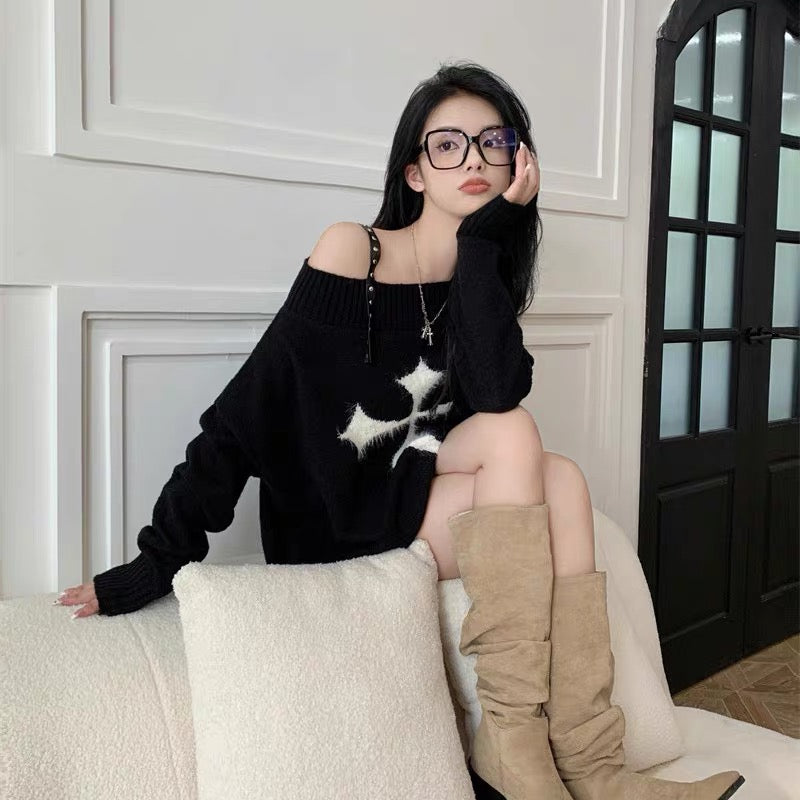 Cross pattern punk early autumn rivet suspender one-shoulder women's off-the-shoulder thin sweater loose sweater design sense