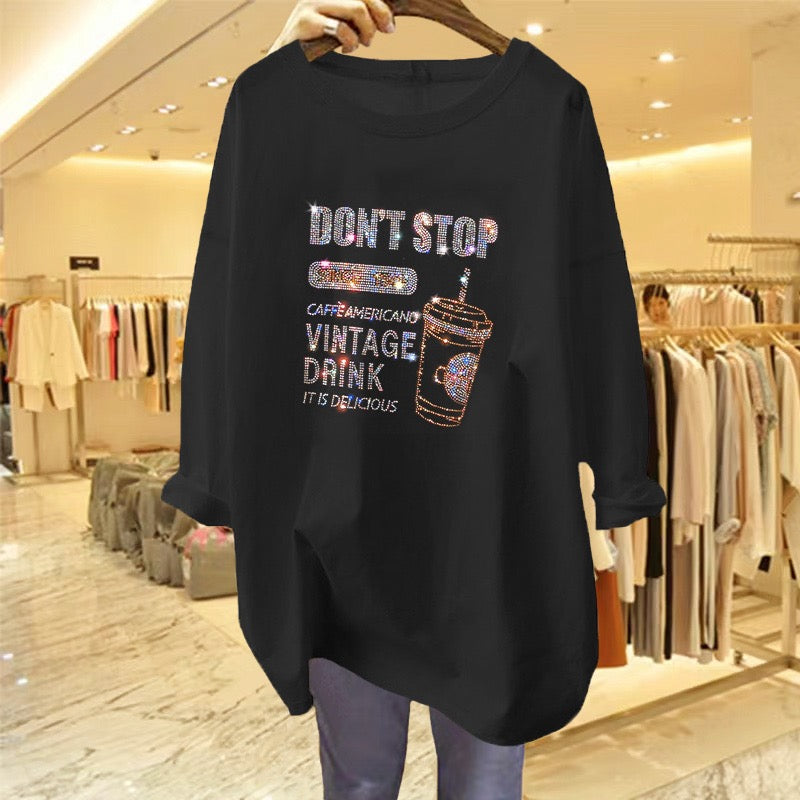 2023 new summer dress black t-shirt women hot diamond big love loose pure mid-length round neck short-sleeved top ins tide