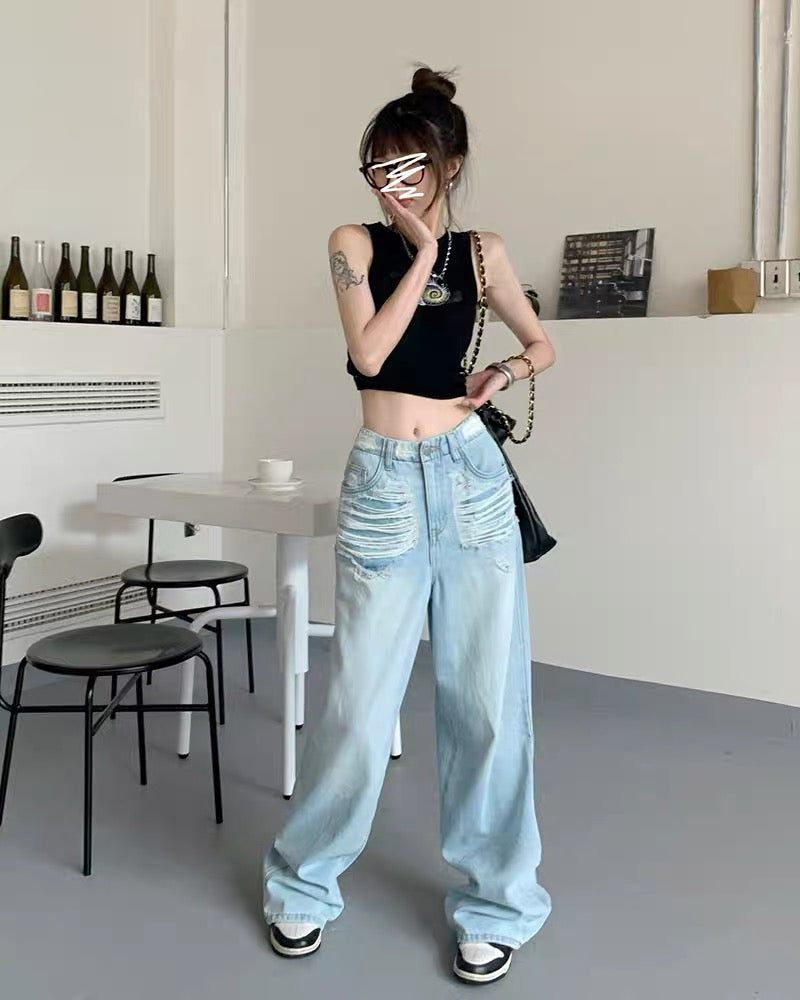 kumikumi light blue hole pants loose wide leg long pants summer high waist washed mopping pants jeans women 1828
