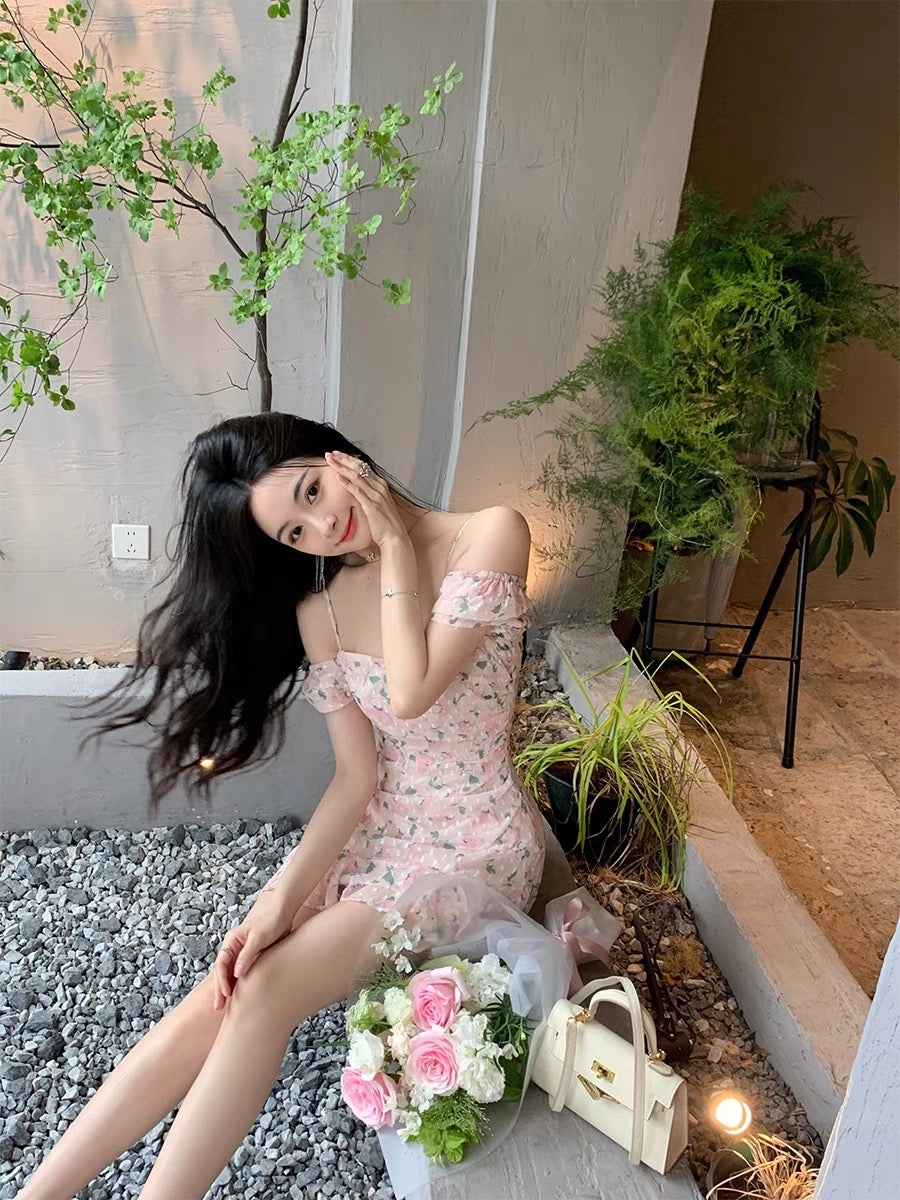 ByYou summer pastoral style floral suspender dress women's new waist and slim fungus edge bag hip short skirt 1150