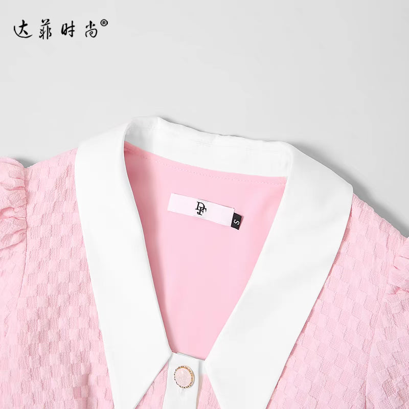 2022 summer new fashion V-neck lantern sleeve waist simple commuter OL plaid jacquard pink dress