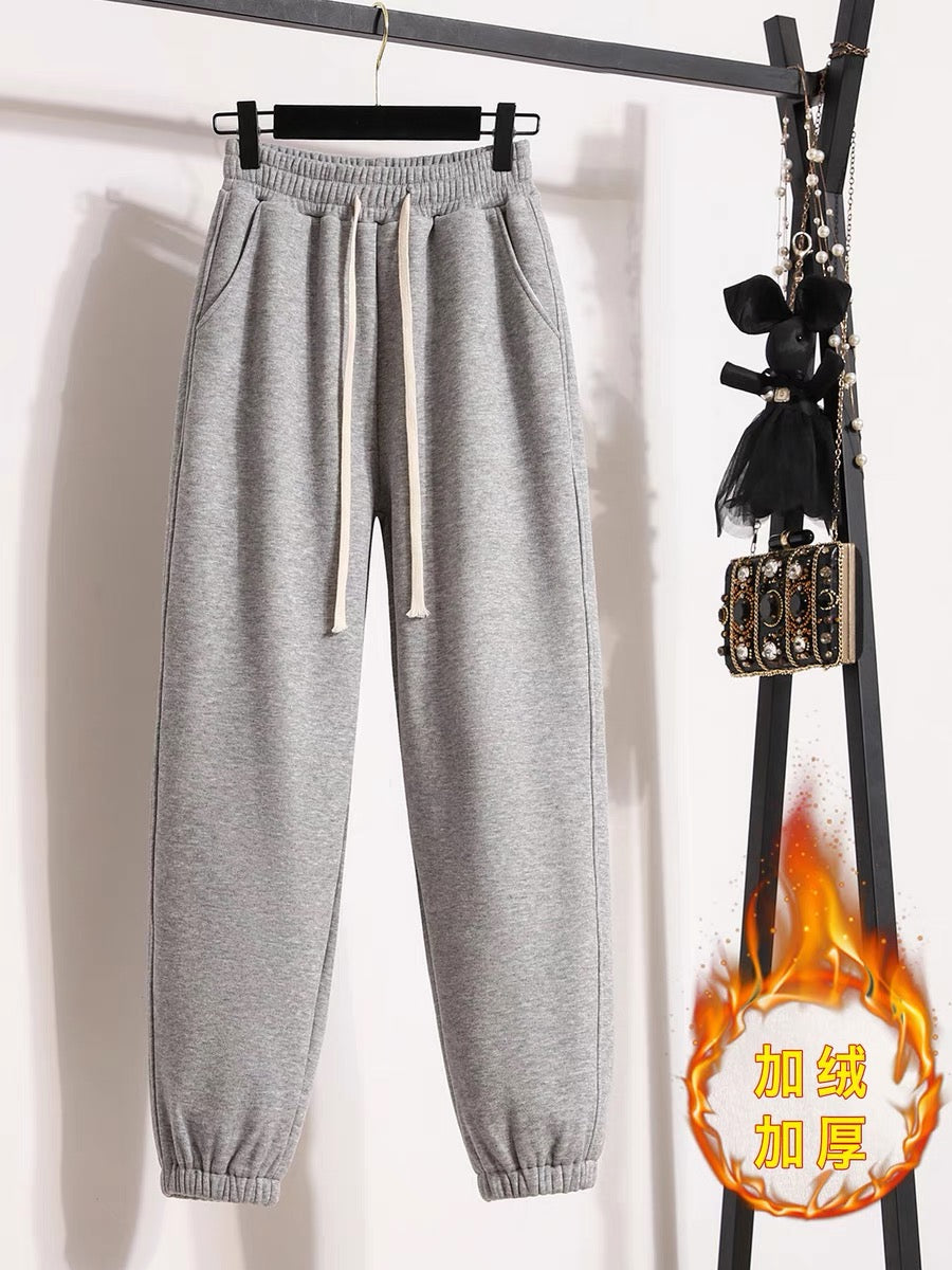 Sports pants women's 2022 autumn and winter new style plus velvet thick warm gray small casual trousers