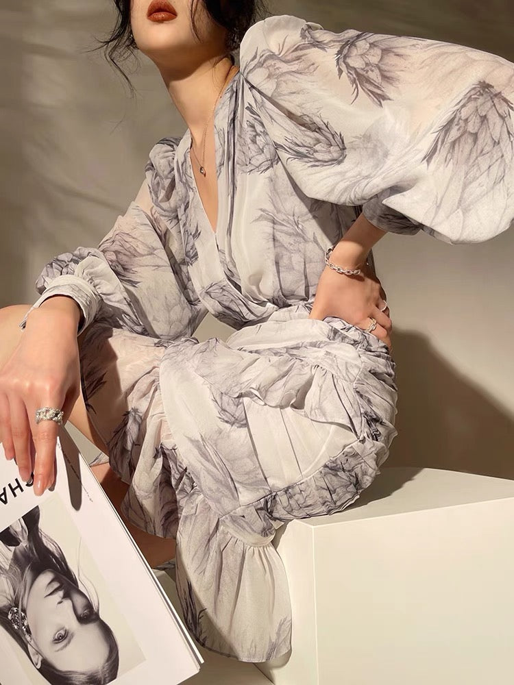 Aconiconi|Yinyue Bingning Advanced Dyeing Ink Sensation French Tea Break V-neck Pack Hip Puff Sleeves