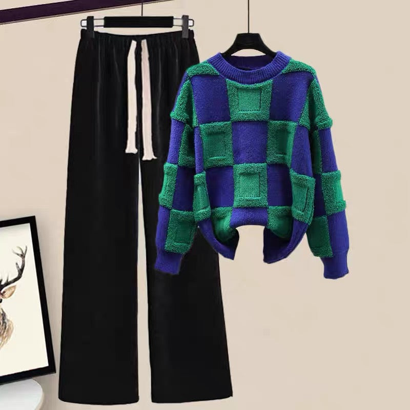 Autumn and autumn clothes, small, fragrant, checkerboard sweater with wide-leg pants, fashion suit, two-piece set, spring and autumn women