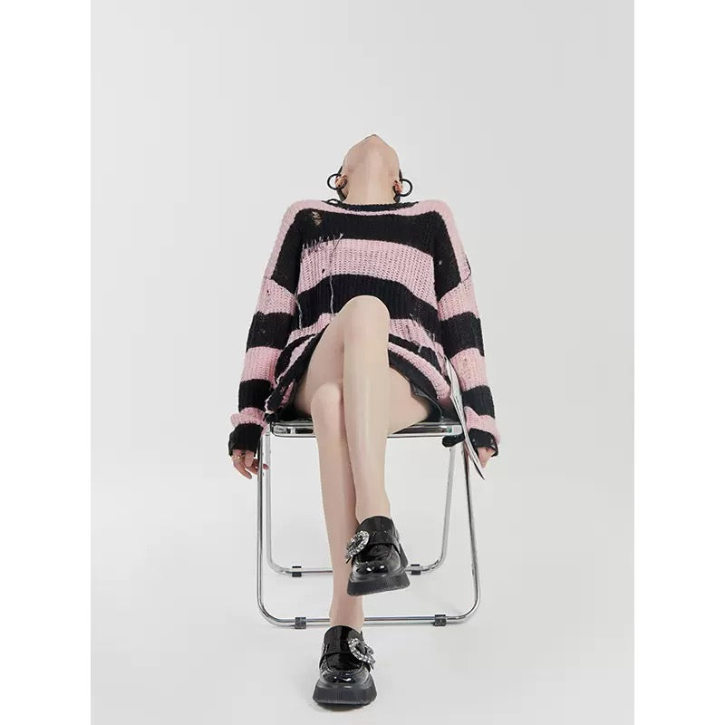 LLL LAB / high-end super good-looking sweater hole hollow stripe lazy style sexy off-the-shoulder knitted top spring 1652