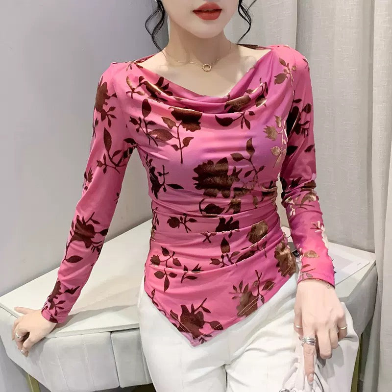Sexy one-shoulder long-sleeved T-shirt women's autumn new design western style chic irregular mesh bottoming top
