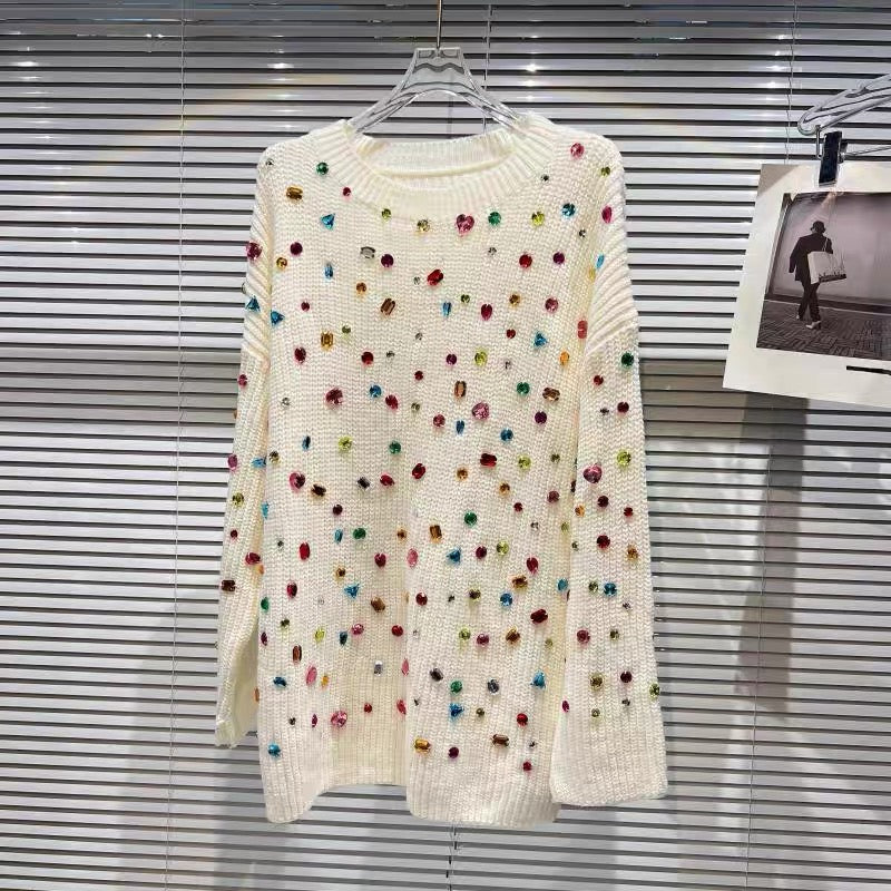 Net red with the same style 2022 autumn new style small fragrance color gem bead heavy industry loose knitted sweater top women