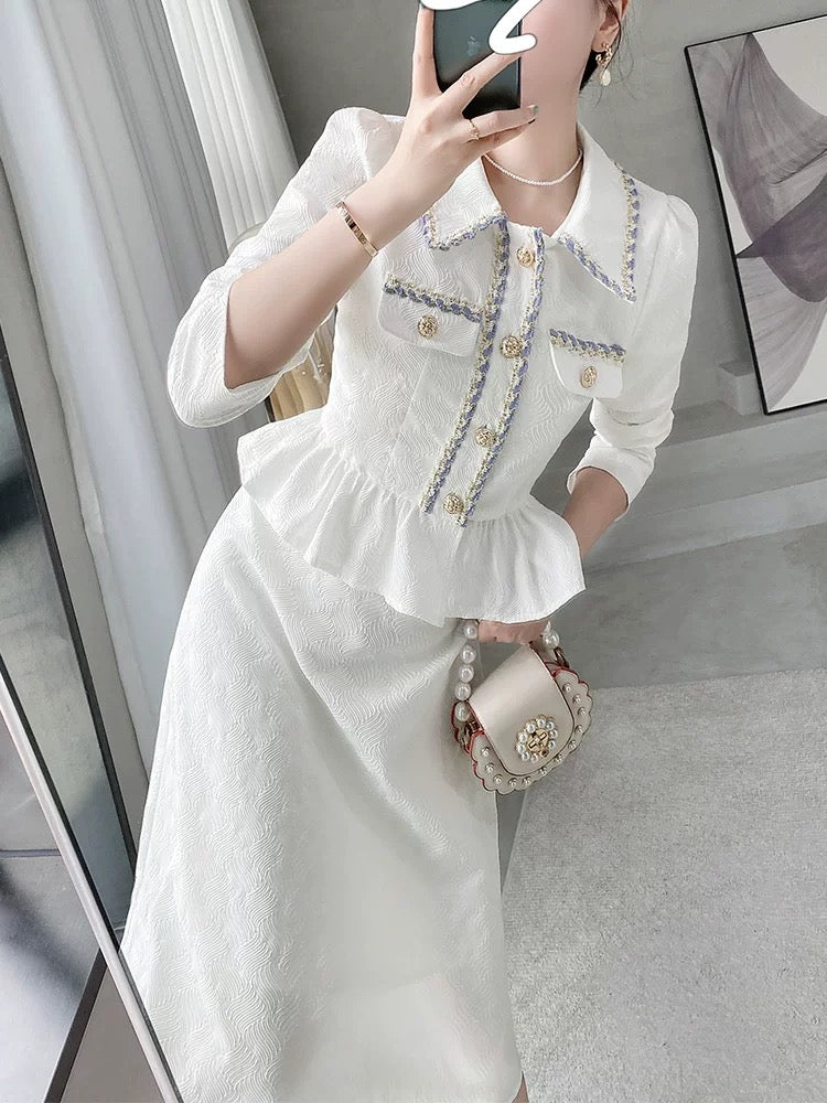 Complete set with capable temperament women's clothing early autumn new high-end celebrity Xiaoxiangfeng professional white skirt two-piece suit 1998