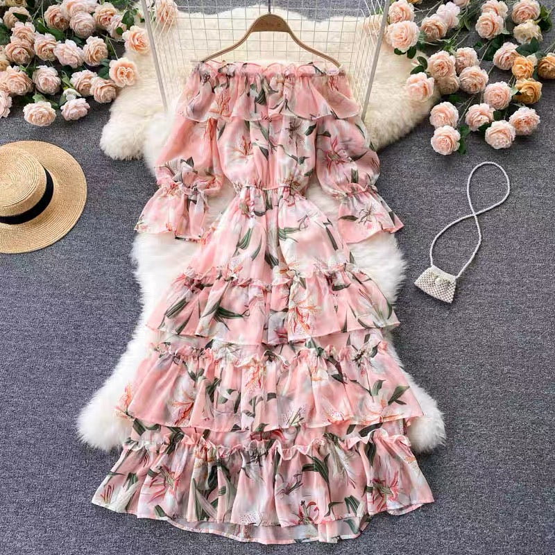 Fairy Dress French Chic Floral Puff Sleeve Skirt Women's Spring and Summer New Mori ruffled First Love Skirt