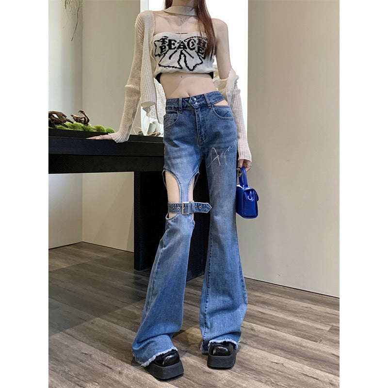 Spice Girls Scheming Jeans Spring 2023 New High Waist Fashion Temperament Hollow Bandage Slightly Wide Leg Trousers Women