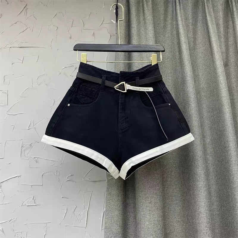 Black design hot girl contrast color edge denim shorts women's autumn 2022 new Korean version of the high waist A-line hot pants trend q128