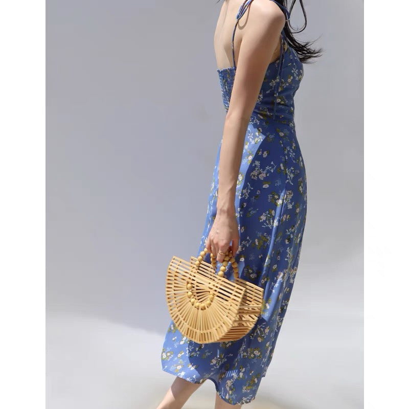 French retro blue floral skirt V-neck wrap chest sexy side slit thin shoulder strap suspender dress holiday dress