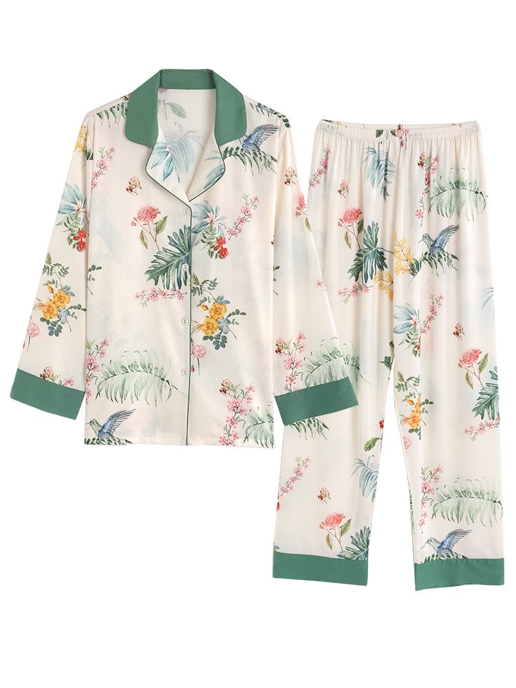 IIZZINI Original Pajamas Women's Spring and Autumn Long-sleeved Ice Silk Chinese Style Yellow Rose Printed Trousers Homewear Set