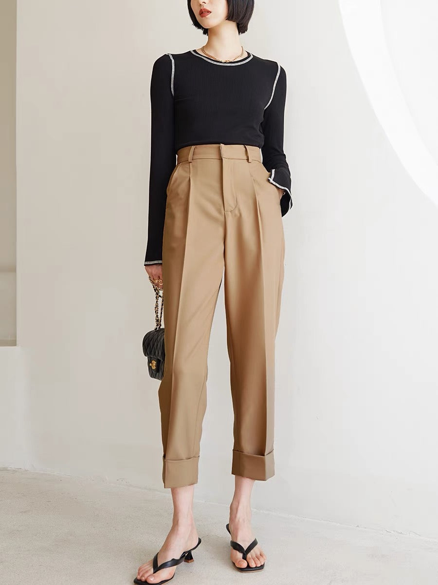 GUS advanced custom style pull-up trousers nine-point pleated trousers women's high waist loose drape all-match straight casual pants