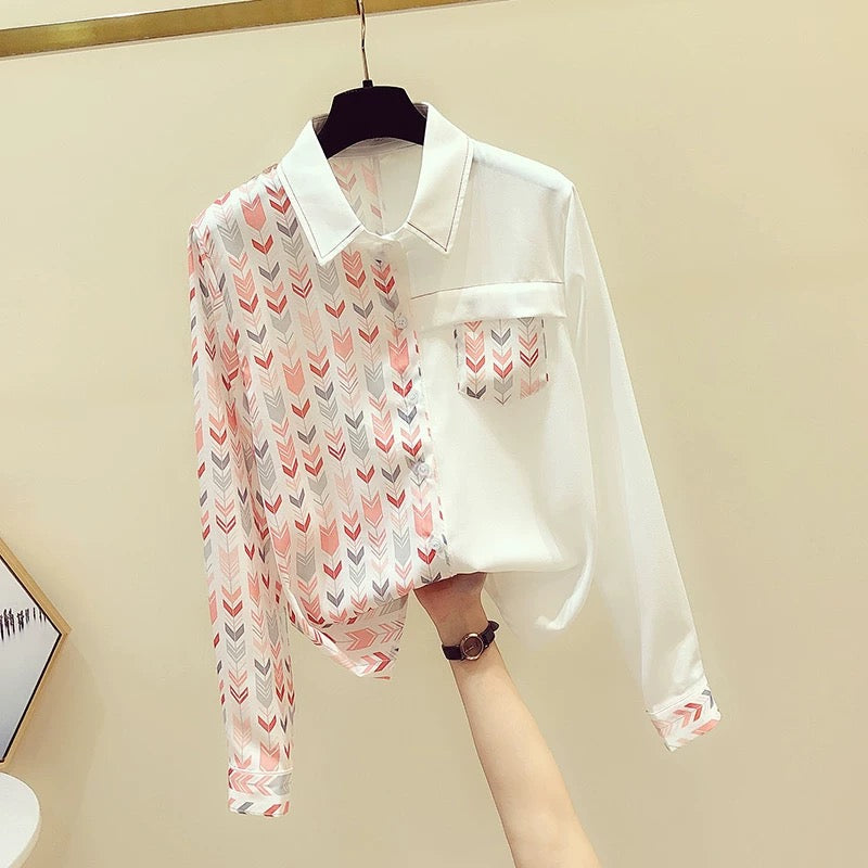 Women's clothing cut standard clearance special price spring and autumn foreign style printing long-sleeved chiffon shirt women's top
