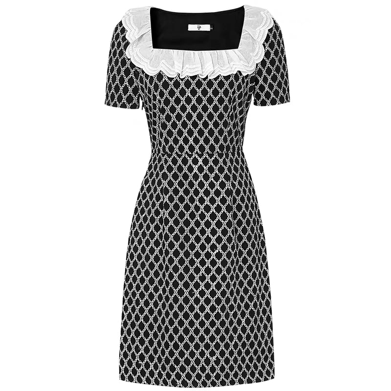 2022 summer new fashion lotus leaf lace square neck hollow embroidery simple A swing black short dress