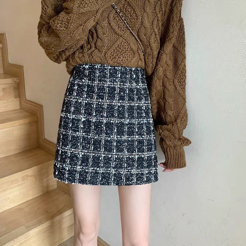 Plaid tweed skirt women's large size fat mm autumn and winter bright silk students small fragrant style a-line skirt bag hip skirt