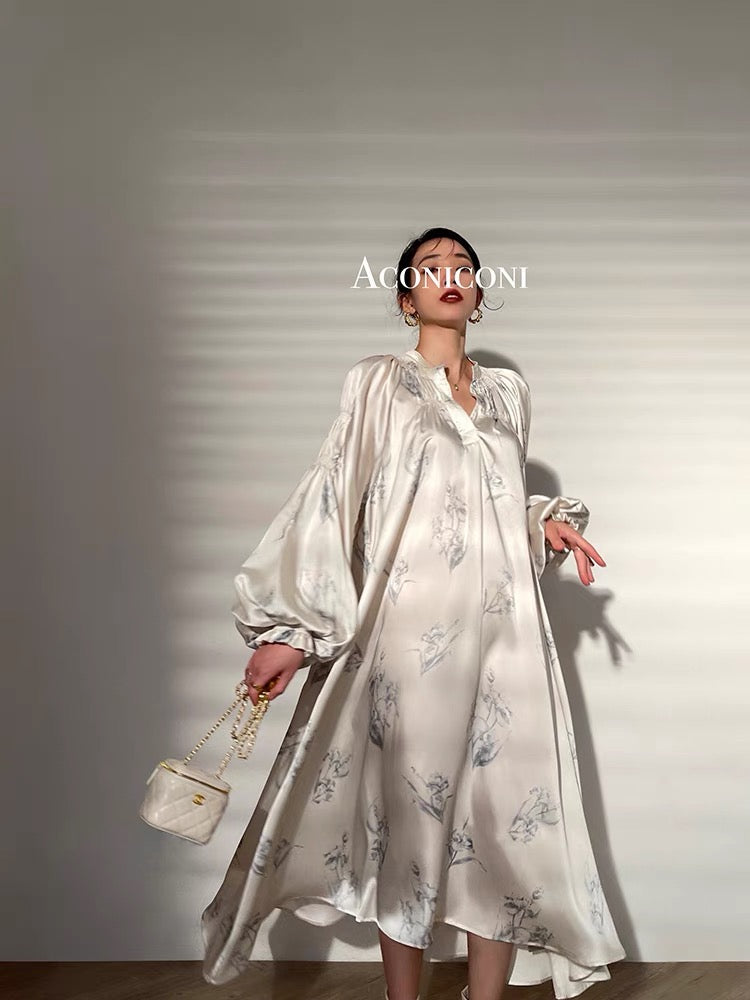 Aconiconi|Nagamachi babble French custom dyed printed silk dress loose and niche design long skirt