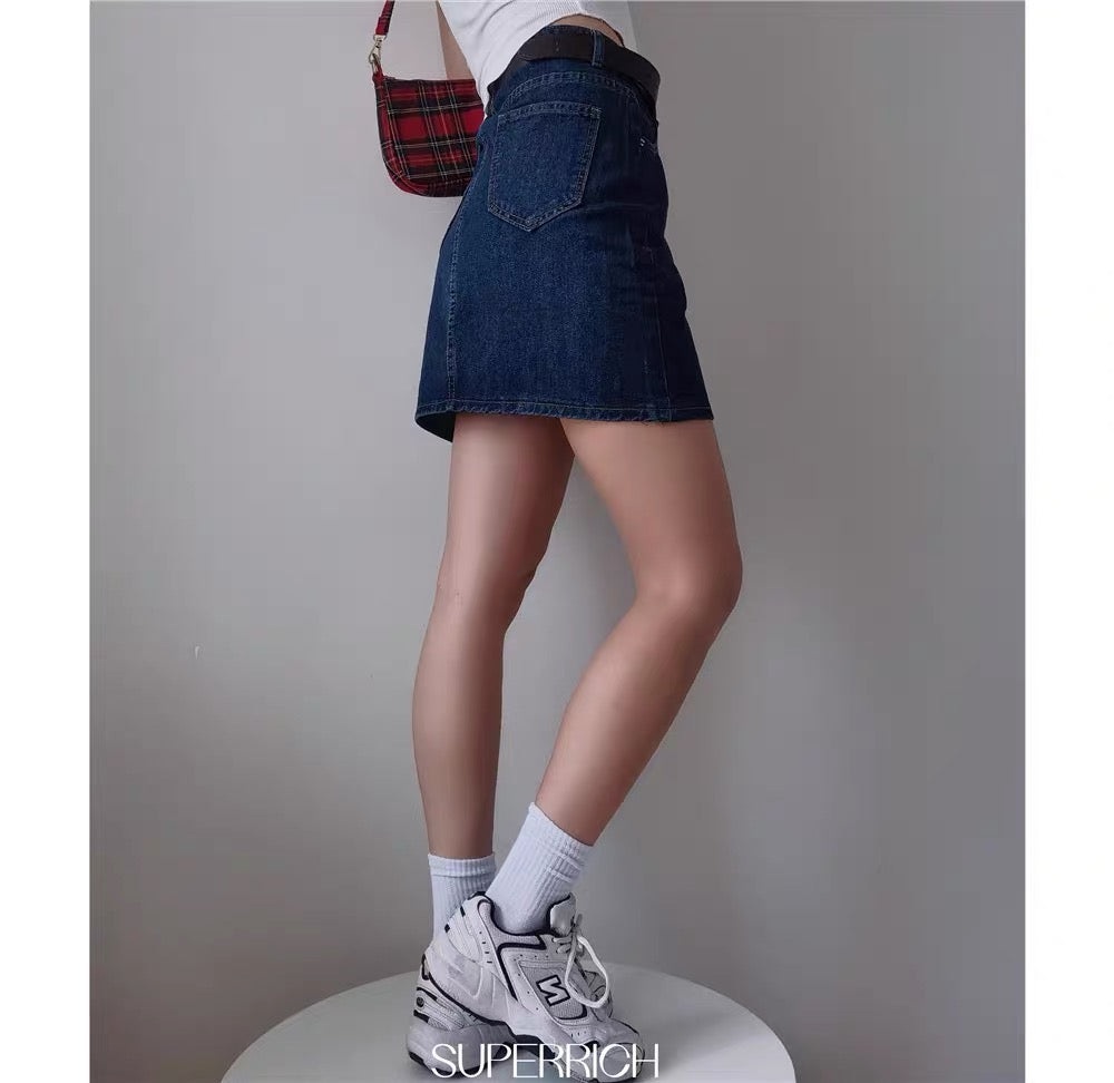 SUP American summer retro high waist primary color denim dark blue package hip skirt A-line skirt small short skirt female