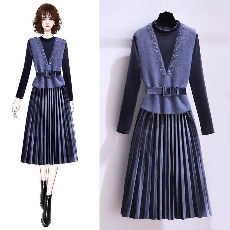 Gold velvet vest dress women's autumn and winter 2022 new temperament goddess fan base two-piece suit skirt
