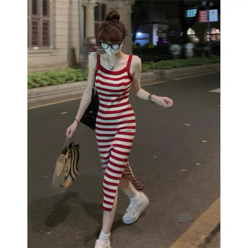 Striped suspender dress women's early autumn new mid-length slit hot girl vest skirt lazy knitted long skirt