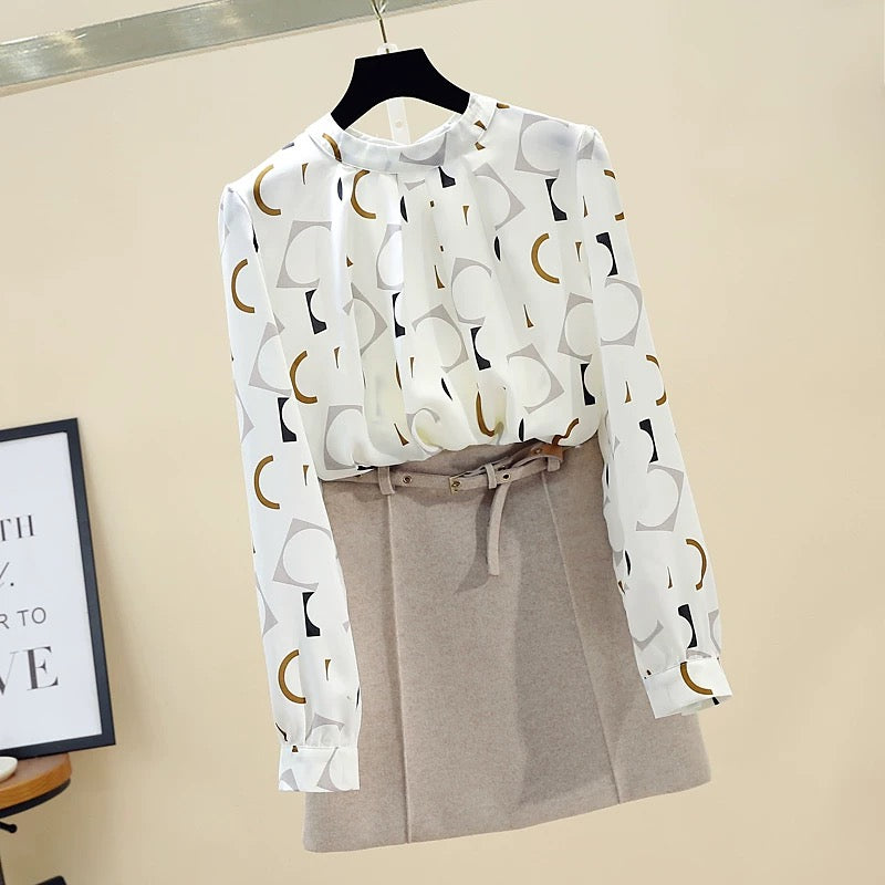 Women's floral shirt women's summer design sense age-reducing lantern sleeves stand-up collar chiffon shirt spring and autumn