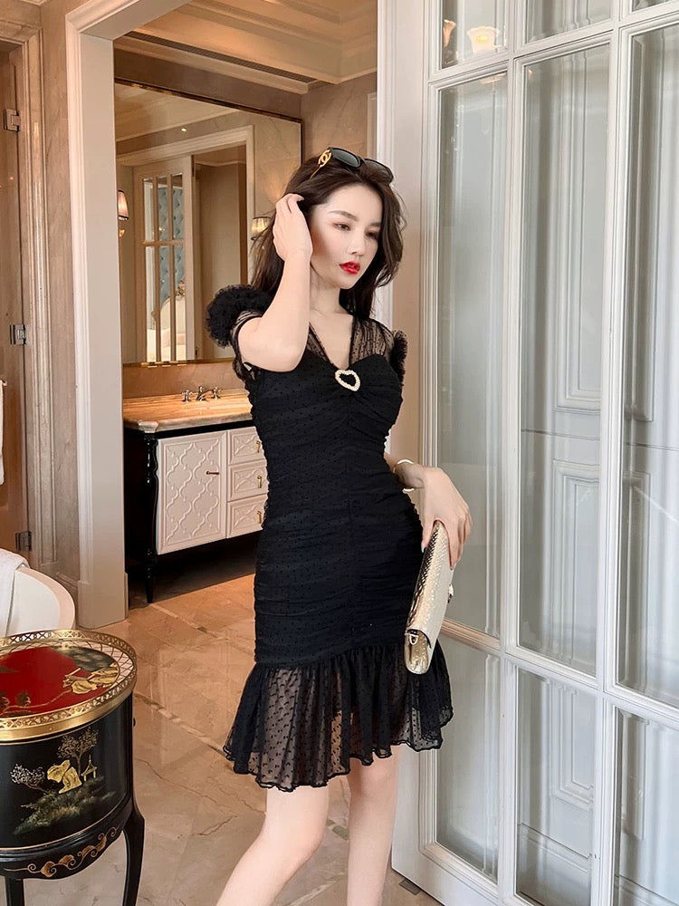 European website yarn sexy shirt high-end dress female summer slim short chic skirt small black dress is thin
