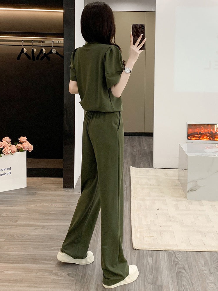 Popular green wide-leg pants casual sports suit women's summer 2023 new fashion loose short-sleeved high-end two-piece suit