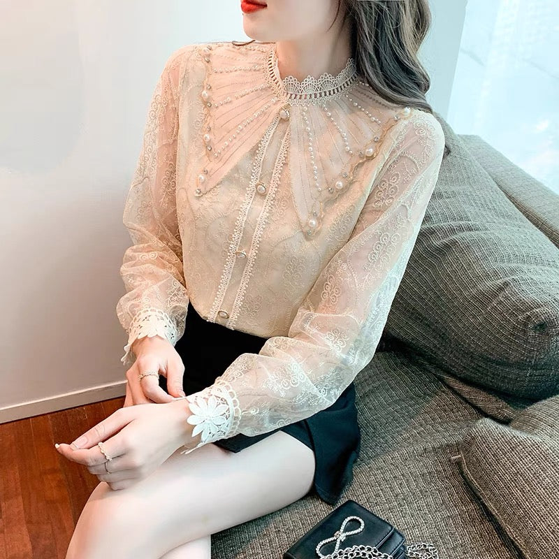2022 autumn new lace chiffon bottoming shirt Western-style design niche top super fairy-like women's shirt
