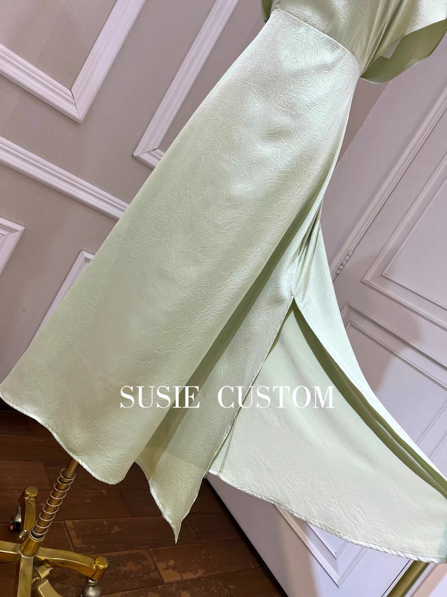 Show temperament heavy industry pleated satin neckline beaded hollow dolman sleeves stitching bottoming straps waist slit long skirt