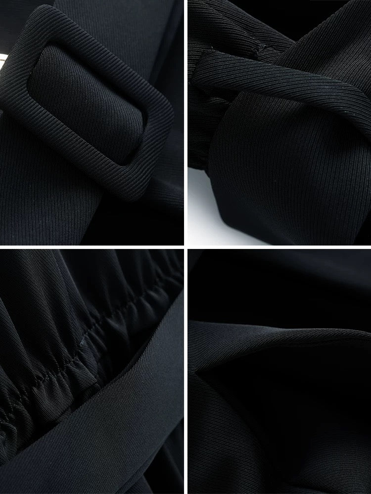 miuco temperament V-neck gold buckle pocket belt waistband short-sleeved slim jumpsuit women's 2022 summer European station