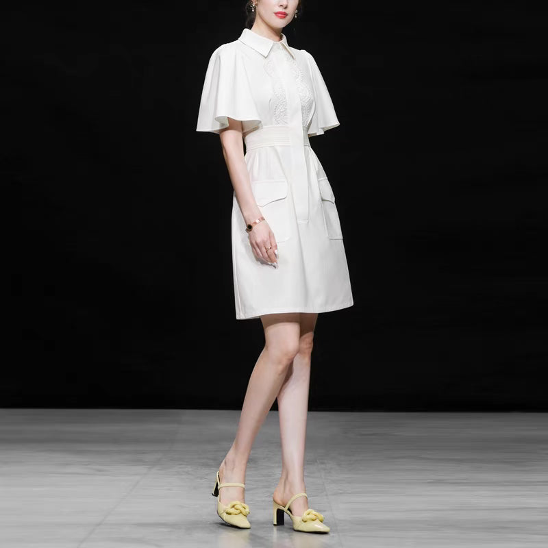 2022 summer new temperament fashion lotus leaf sleeve short high waist slim A-line skirt shirt white dress female