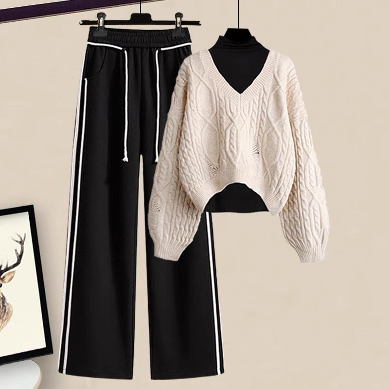 Autumn lazy style V-neck pullover knitted sweater vertical straight tube thin wide-leg pants casual suit women's two-piece