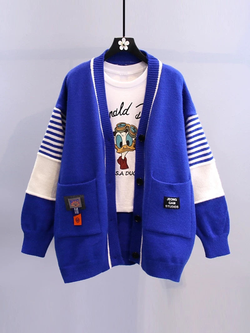 Contrast color striped sweater jacket women's spring 2022 new label letter Western style loose all-match knitted cardigan