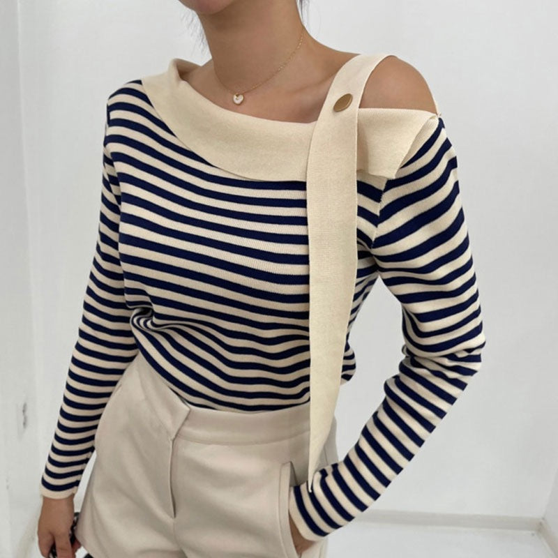 Korean chic autumn elegant niche slanted collar irregular off-shoulder design contrasting color striped loose long-sleeved sweater