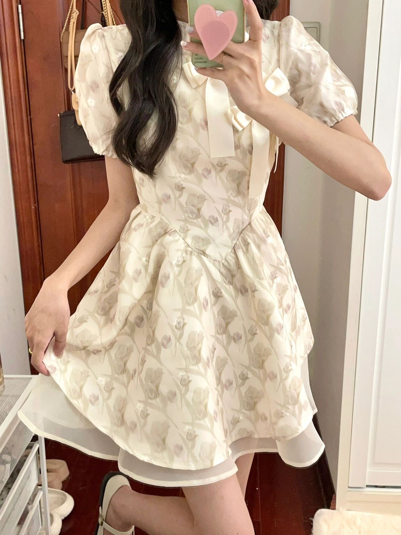New Chinese style slim waist tutu skirt women's summer new tea break French style foreign style sweet and spicy puff sleeve floral dress