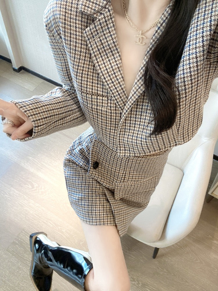 Salt light cooked two-piece suit 2023 spring and autumn new Korean style temperament plaid woolen suit irregular skirt female