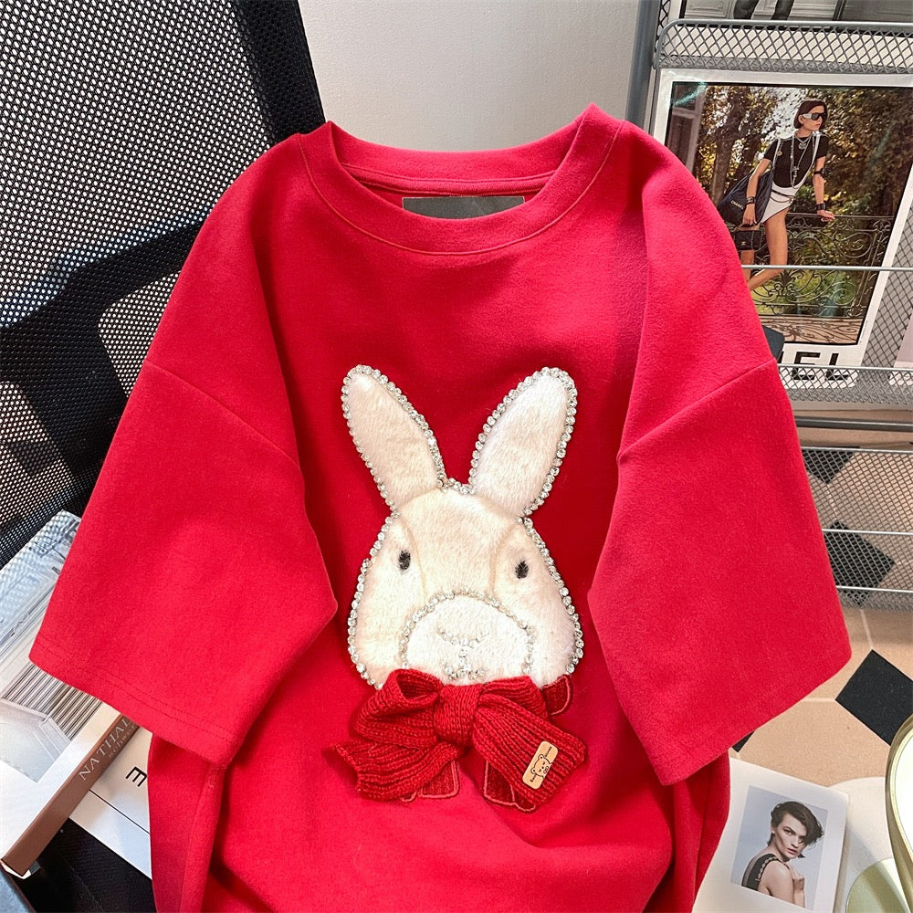 Japanese cute vintage heavy industry embroidery rabbit short-sleeved t-shirt female small man age-reducing western style bottoming shirt top