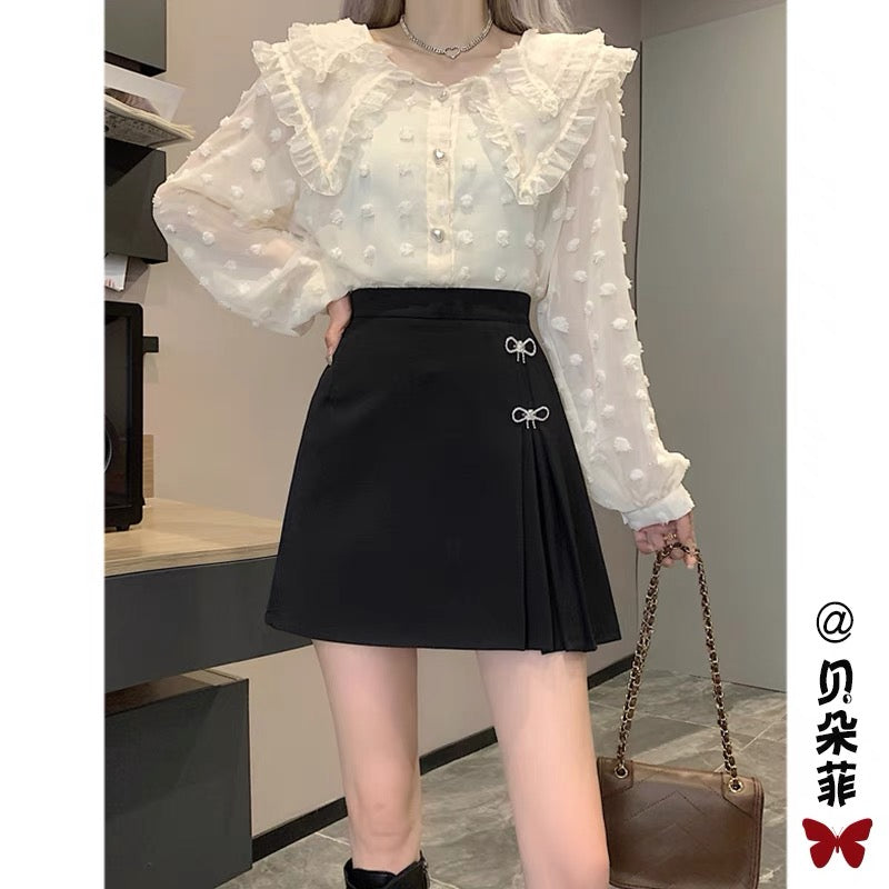 Black suit skirt women's autumn 2022 new high waist a-line pleated skirt small person slim wrap hip skirt