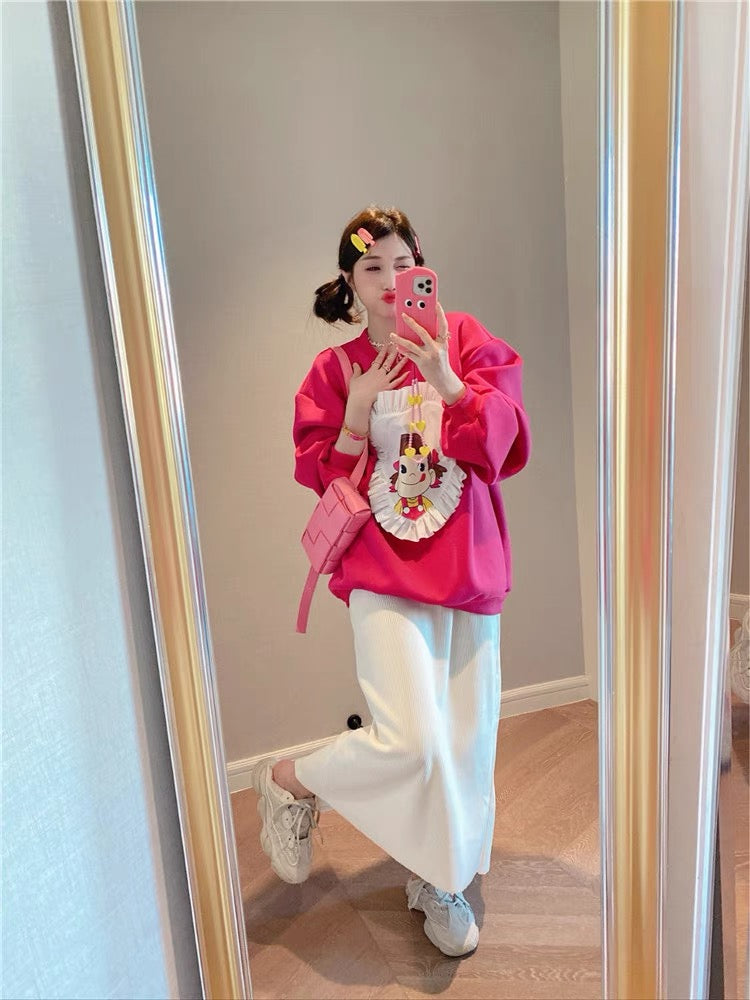 JENNIFER JXLIU Korea autumn and winter ^ cute sister cartoon big peach heart stitching dragon fruit loose sweater