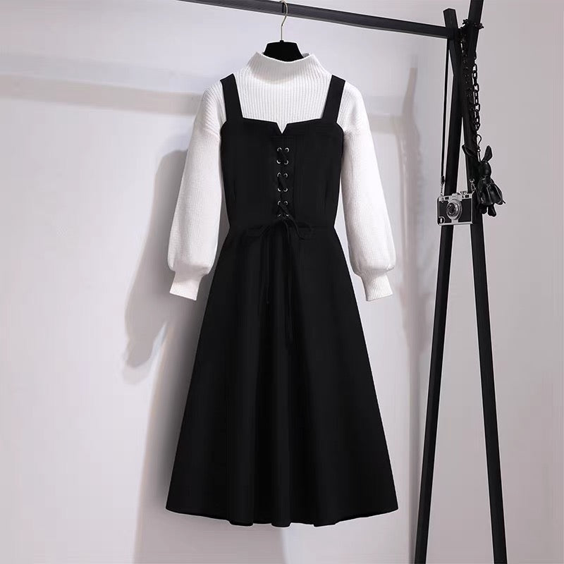 Strap dress women's autumn 2022 new autumn and winter clothing temperament goddess fan bottoming sweater skirt two-piece set