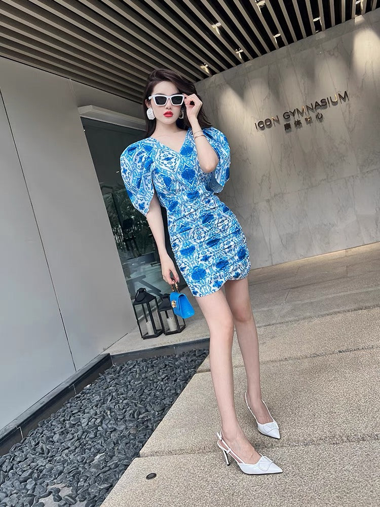European station small fresh blue print dress temperament celebrity style puff sleeves chic unique skirt summer women
