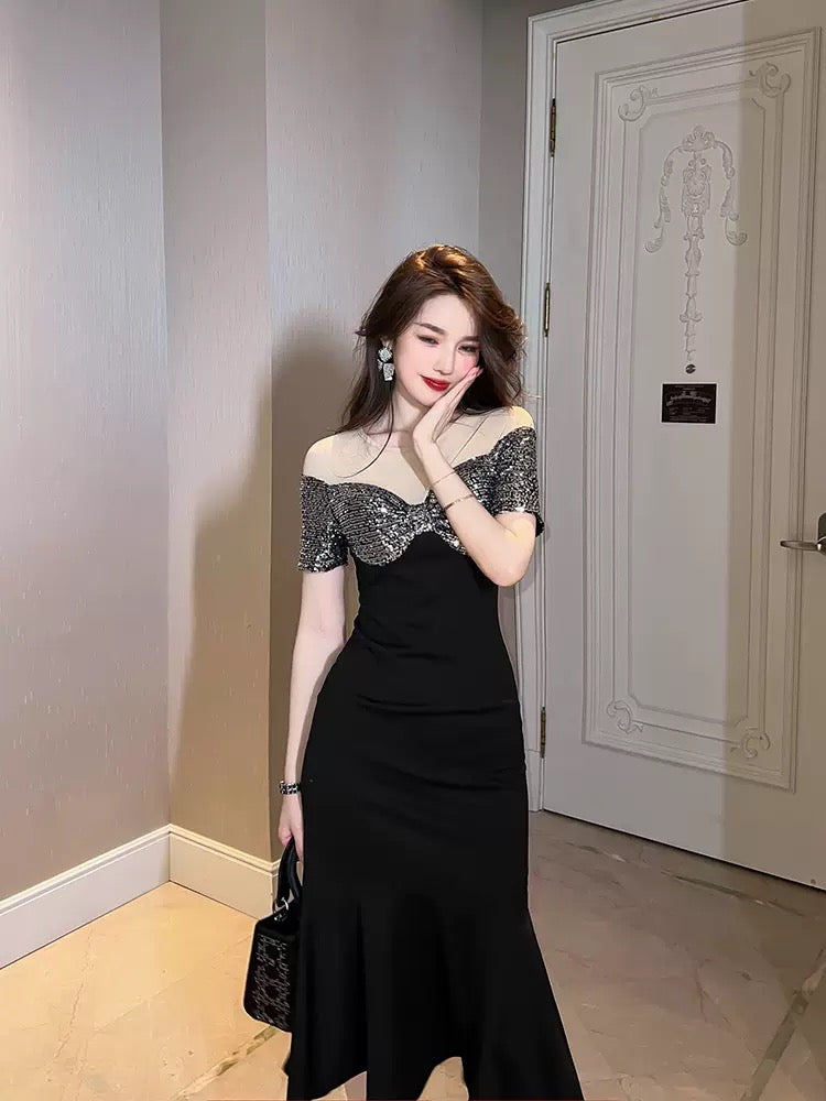European station one-shoulder black dress light luxury niche temperament 2022 summer new high-end fishtail dress 1672