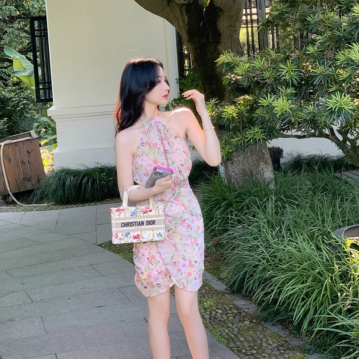 ByYou temperament pure desire high-end halter dress women's design high waist thin floral chiffon package hip skirt 1151