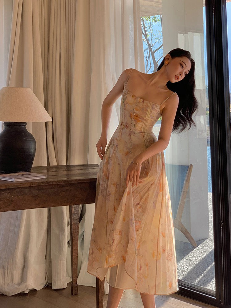 Xiaoli After the Rain Rose Floral Chiffon Sling Dress Spring 2023 New French Holiday Fairy Long Skirt