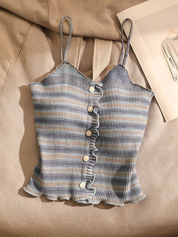 Spice Girl Striped Knitted Camisole Women's Inner Wear Outerwear Sexy Slim Wooden Ear Edge Short Bottom Sleeveless Top